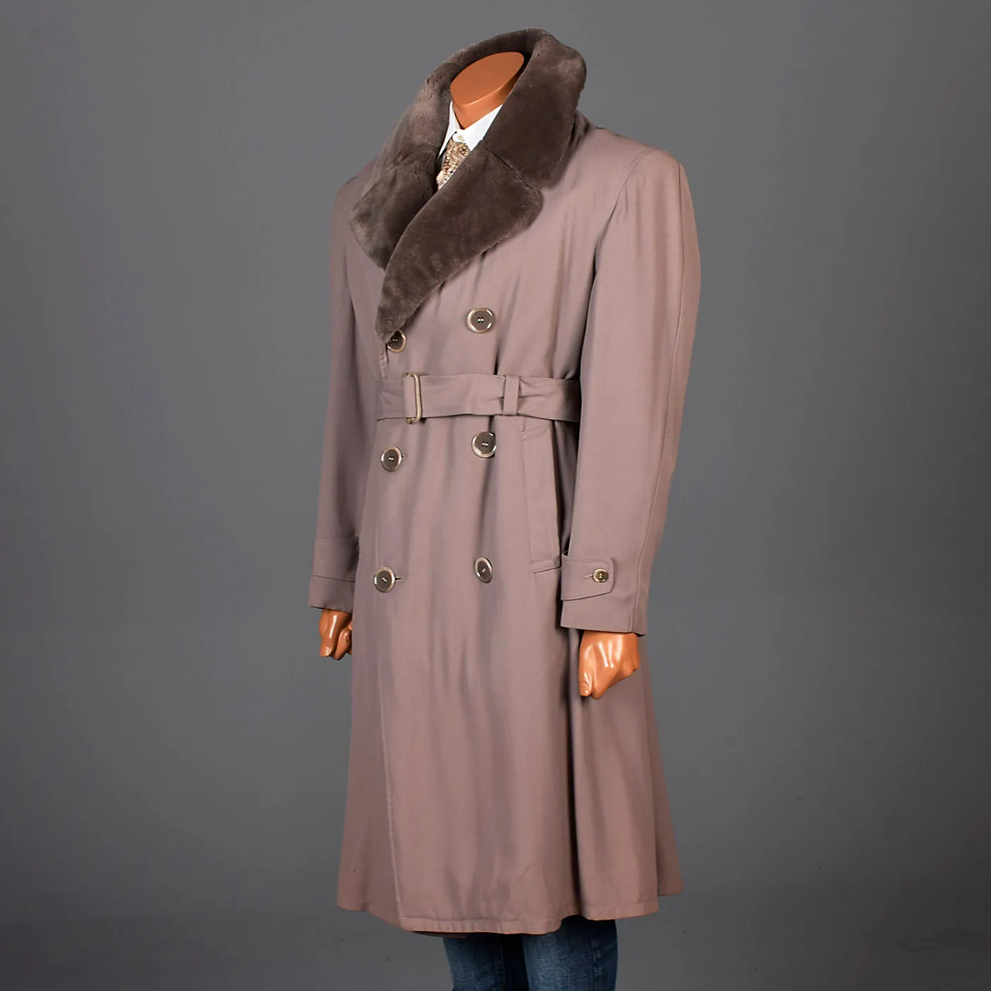 1940s Mens Taupe Gabardine Overcoat with Faux Fur Collar