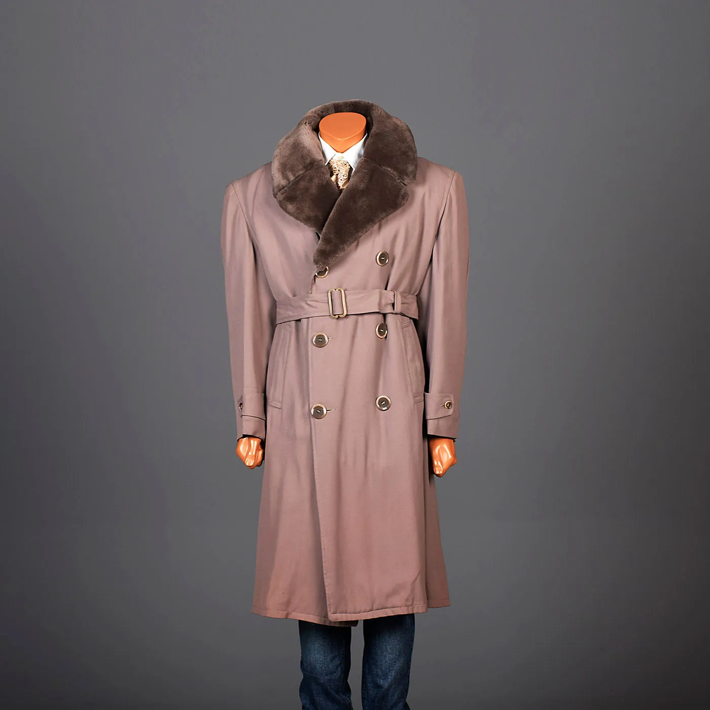 1940s Mens Taupe Gabardine Overcoat with Faux Fur Collar