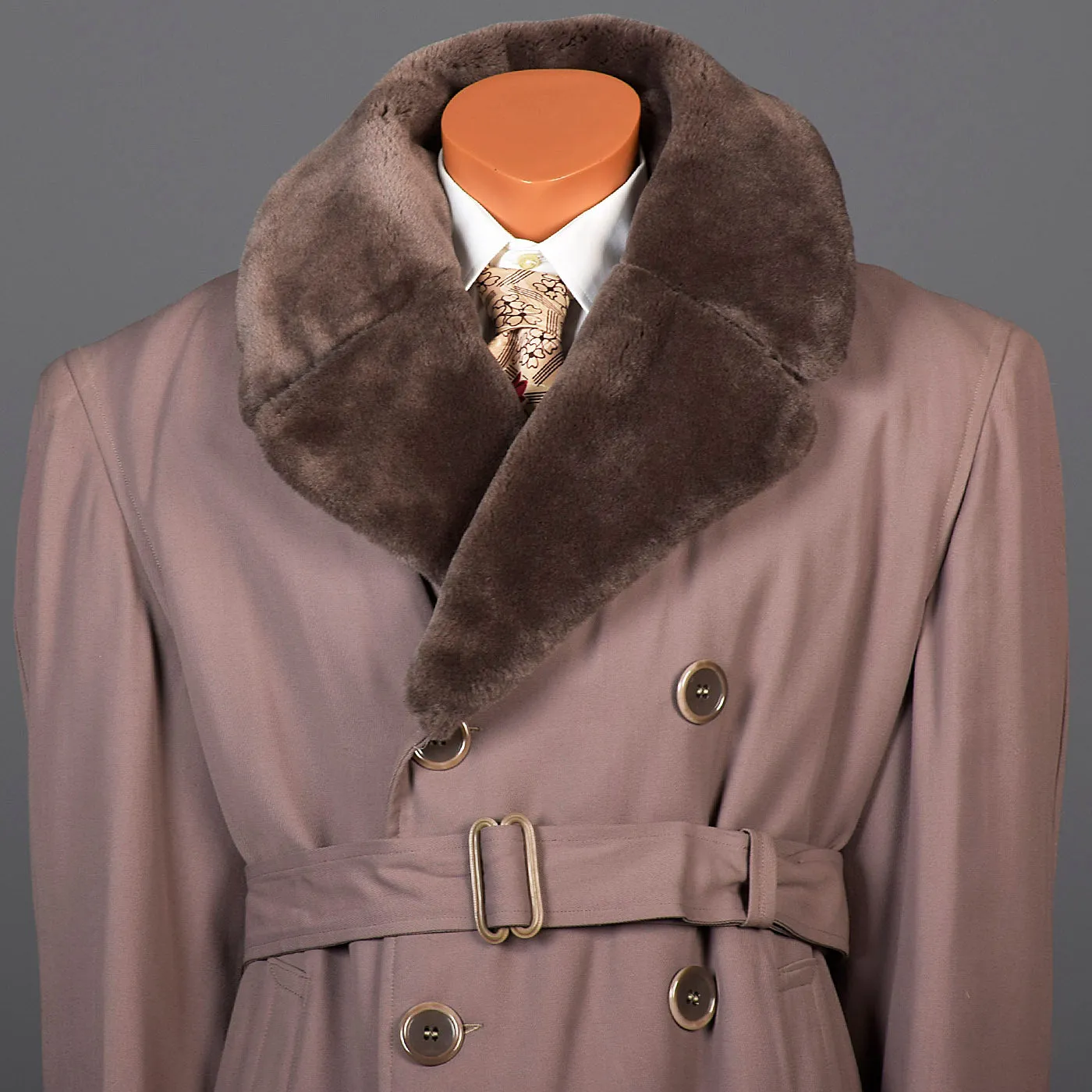 1940s Mens Taupe Gabardine Overcoat with Faux Fur Collar