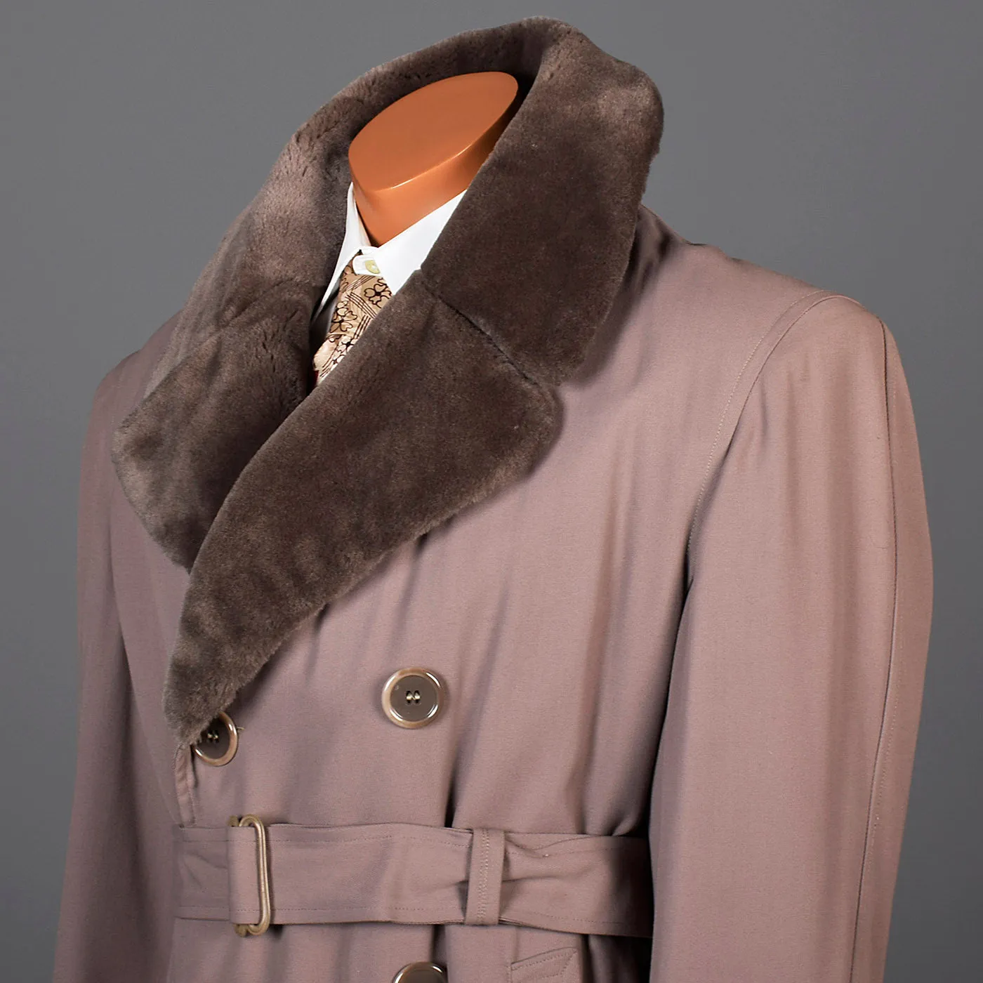 1940s Mens Taupe Gabardine Overcoat with Faux Fur Collar