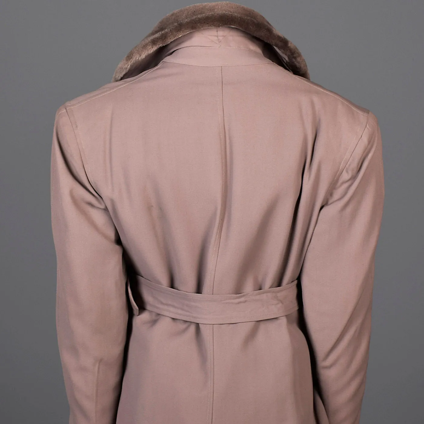 1940s Mens Taupe Gabardine Overcoat with Faux Fur Collar