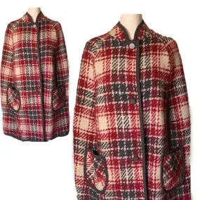 1960s Wool Poncho Cape in a Red and Gray Plaid. Stylish and Warm Vintage Outerwear Coat.