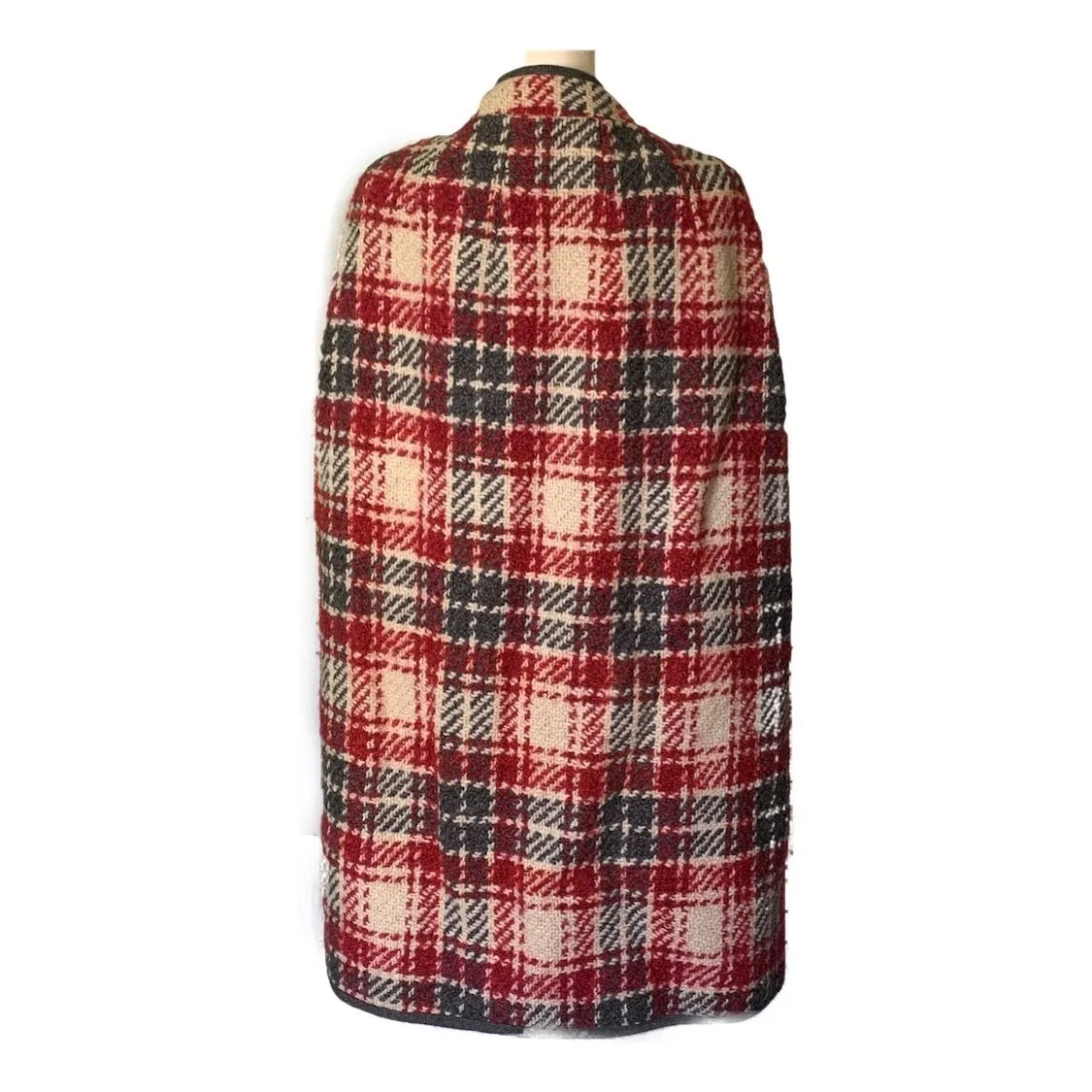 1960s Wool Poncho Cape in a Red and Gray Plaid. Stylish and Warm Vintage Outerwear Coat.