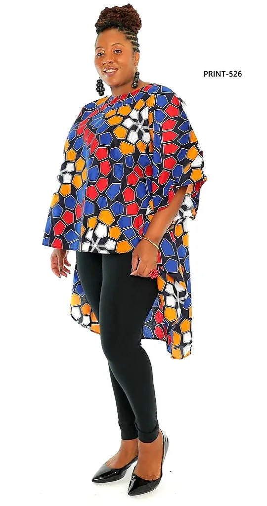 7551 - African Print High Low Poncho Blouse