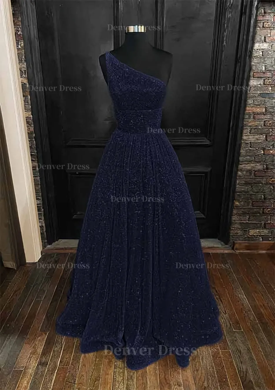 A-line One-Shoulder Sleeveless Long/Floor-Length Sequined Prom Dress With Pockets