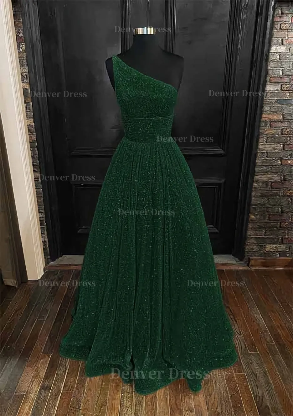 A-line One-Shoulder Sleeveless Long/Floor-Length Sequined Prom Dress With Pockets