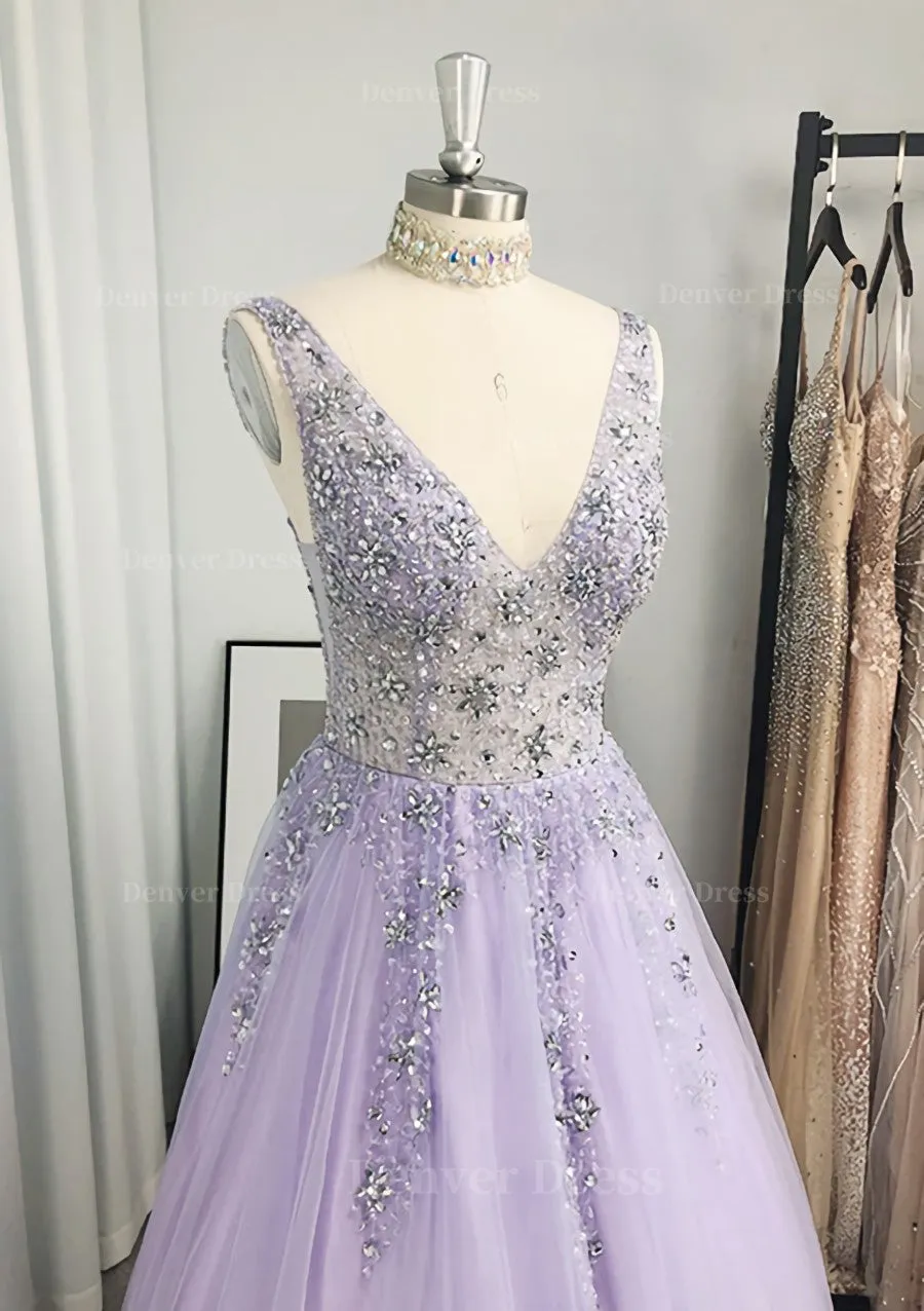 A-line/Princess V Neck Long/Floor-Length Tulle Prom Dress With Beading Sequins