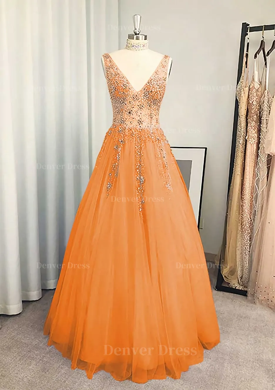 A-line/Princess V Neck Long/Floor-Length Tulle Prom Dress With Beading Sequins