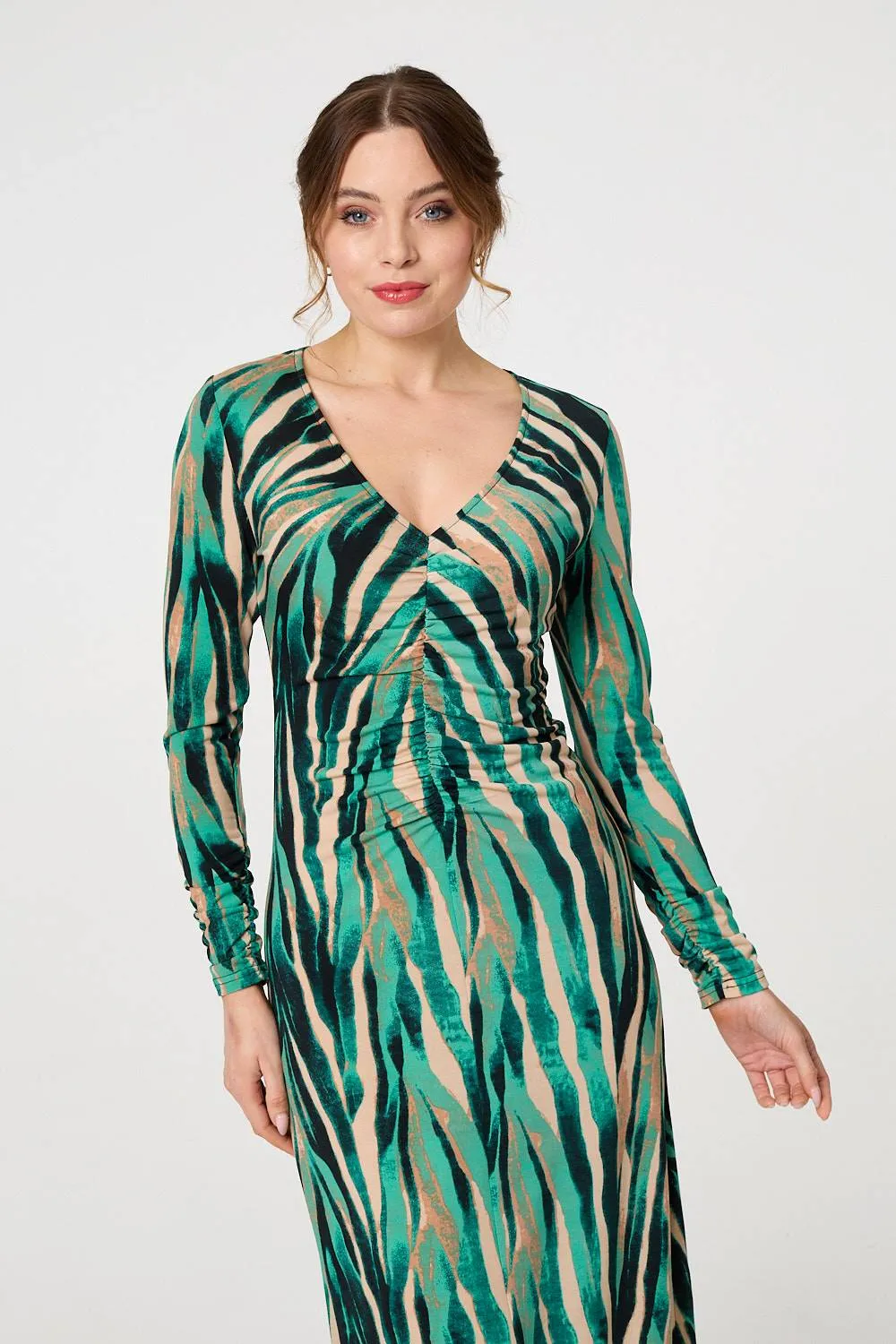 Abstract Print Ruched V-Neck Midi Dress