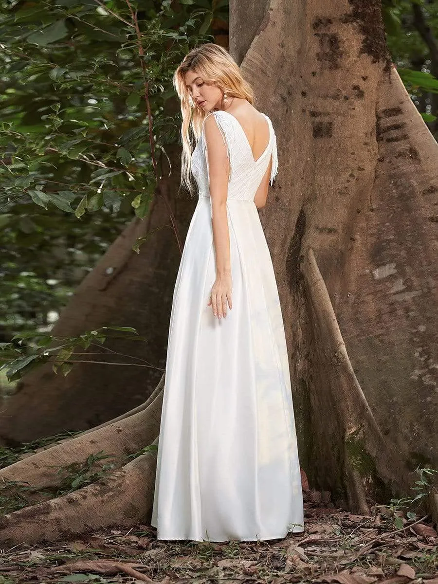 Adorable A-Line Satin Wedding Dress with Deep V Neck