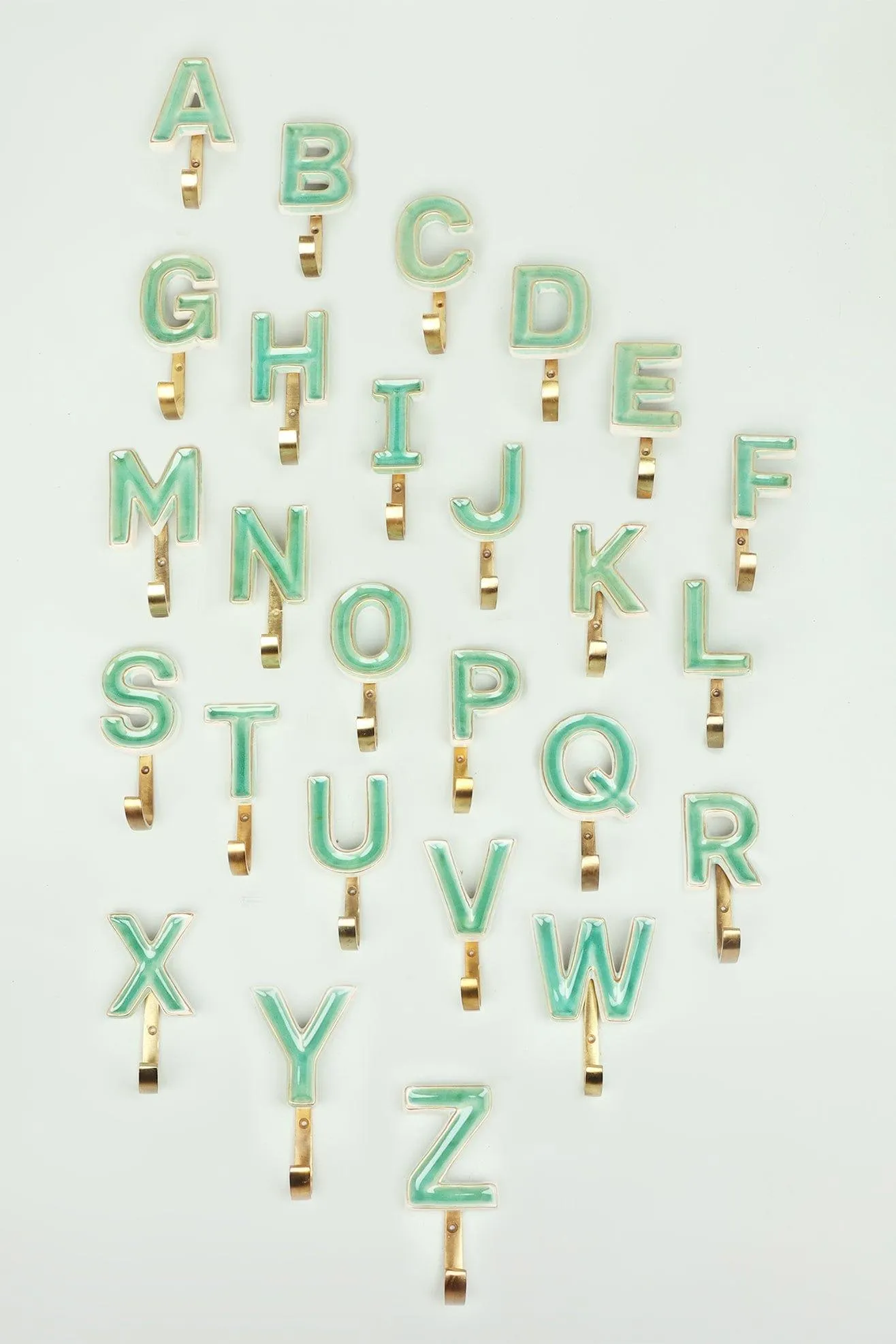 Alphabet Green Crackle Glazed Hooks In Antique Brass