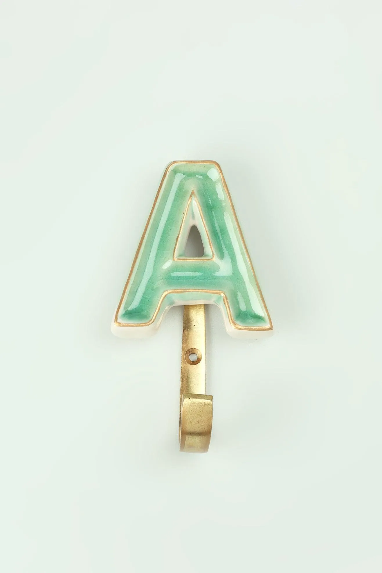 Alphabet Green Crackle Glazed Hooks In Antique Brass