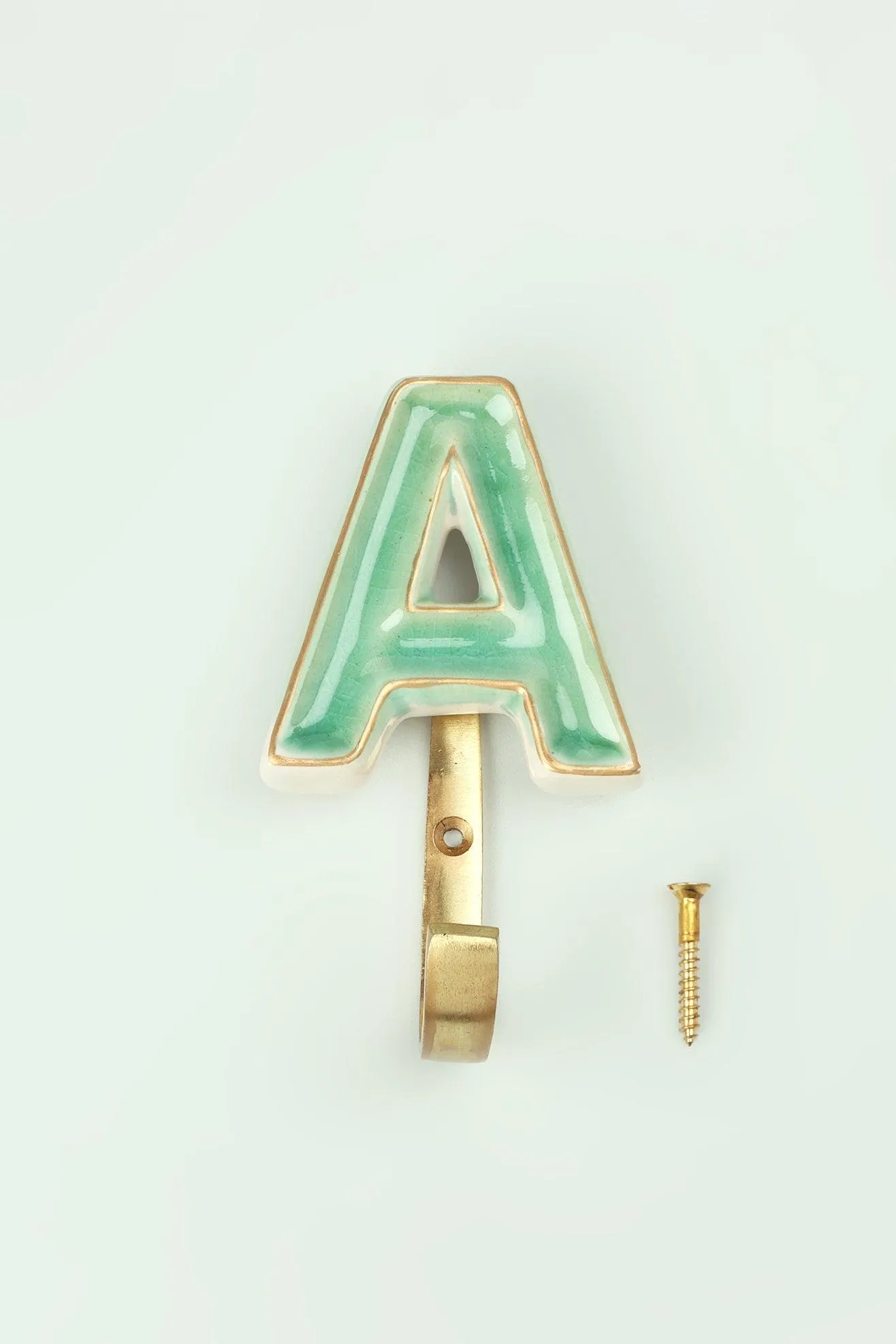 Alphabet Green Crackle Glazed Hooks In Antique Brass