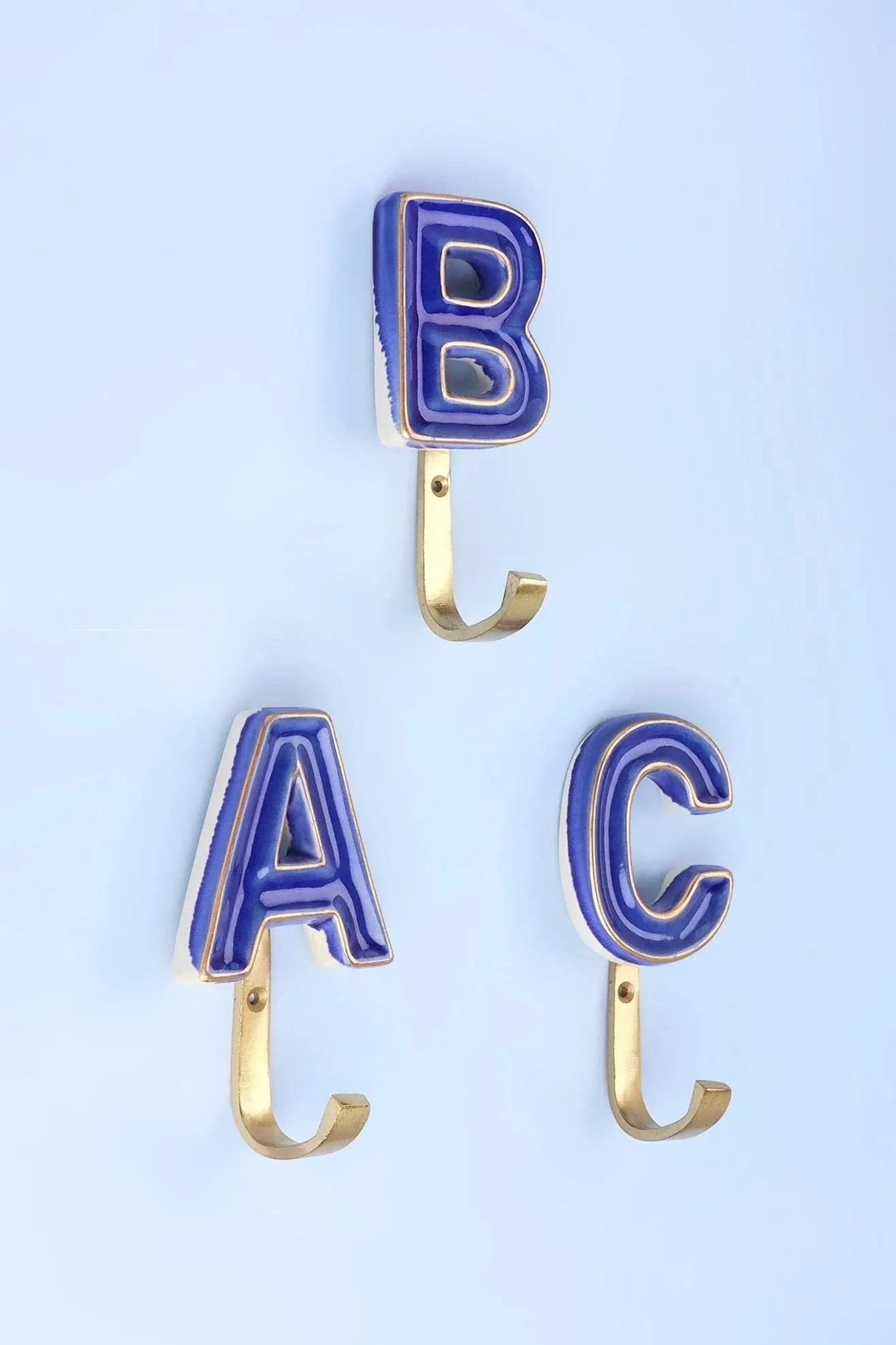 Alphabet Royal Blue Crackle Glazed Hooks In Antique Brass