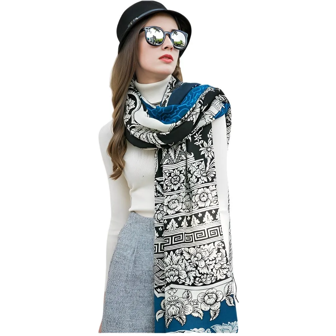 Anyyou 100% Pure Merino Wool Blue Tiki Pattern Stylish Poncho Winter Large Scarf With Trendy Pashmina Shawl Bandana  For Womenfashion Design