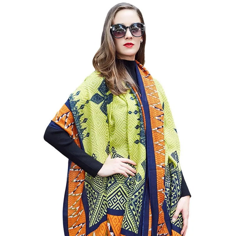 Anyyou 100% Pure Merino Wool Green Facet Pattern Stylish Poncho Winter Large Scarf With Trendy Pashmina Shawl Bandana For Womenfashion Design