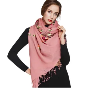 Anyyou 100% Pure Merino Wool Pink Floral Garden Stylish Poncho Winter Large Scarf With Trendy Pashmina Shawl Bandana  For Womenfashion Design