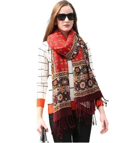 Anyyou 100% Pure Merino Wool Red Brown Paisley Satin Stylish Poncho Winter Large Scarf With Trendy Pashmina Shawl Bandana For Womenfashion Design