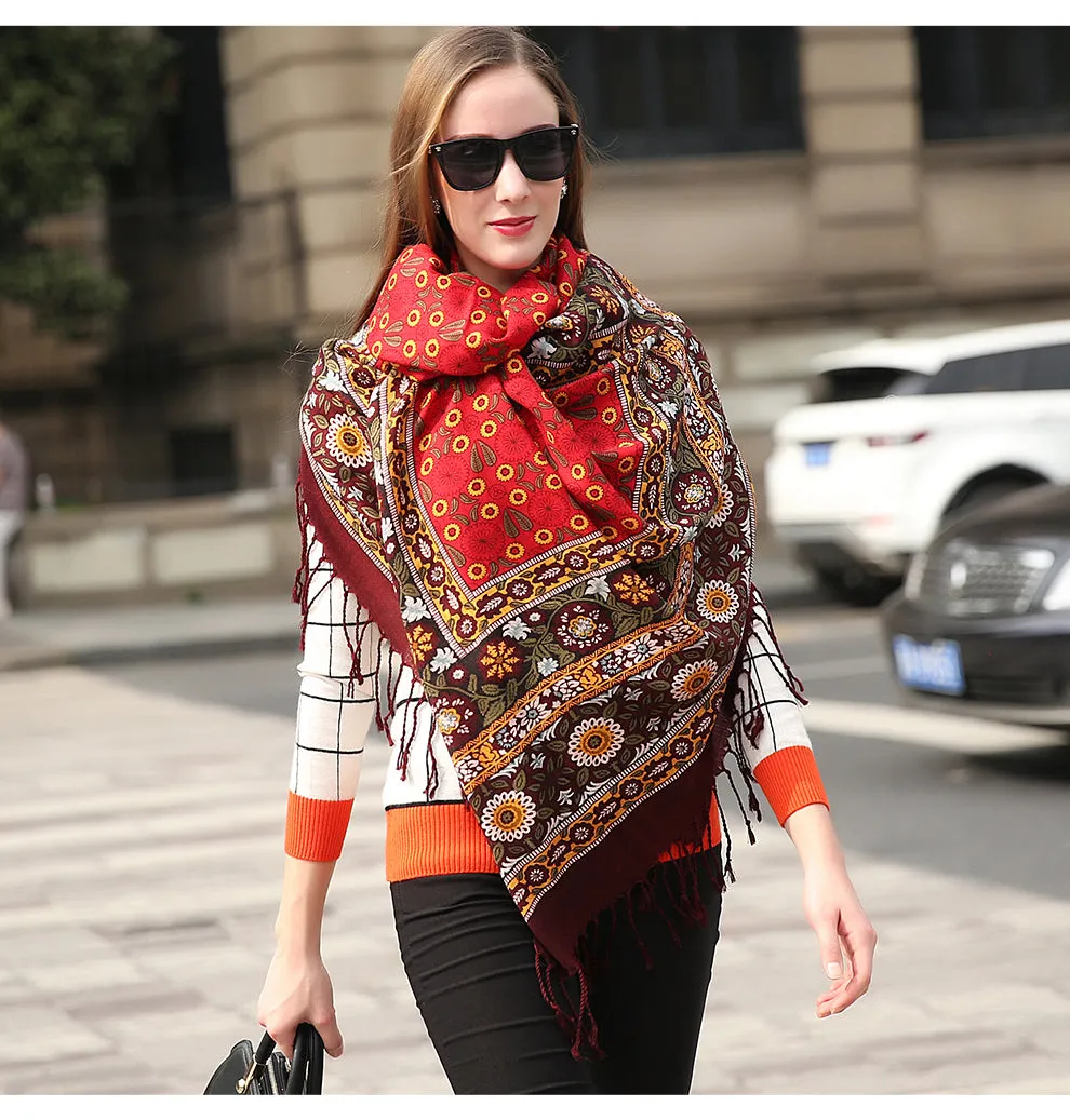 Anyyou 100% Pure Merino Wool Red Brown Paisley Satin Stylish Poncho Winter Large Scarf With Trendy Pashmina Shawl Bandana For Womenfashion Design