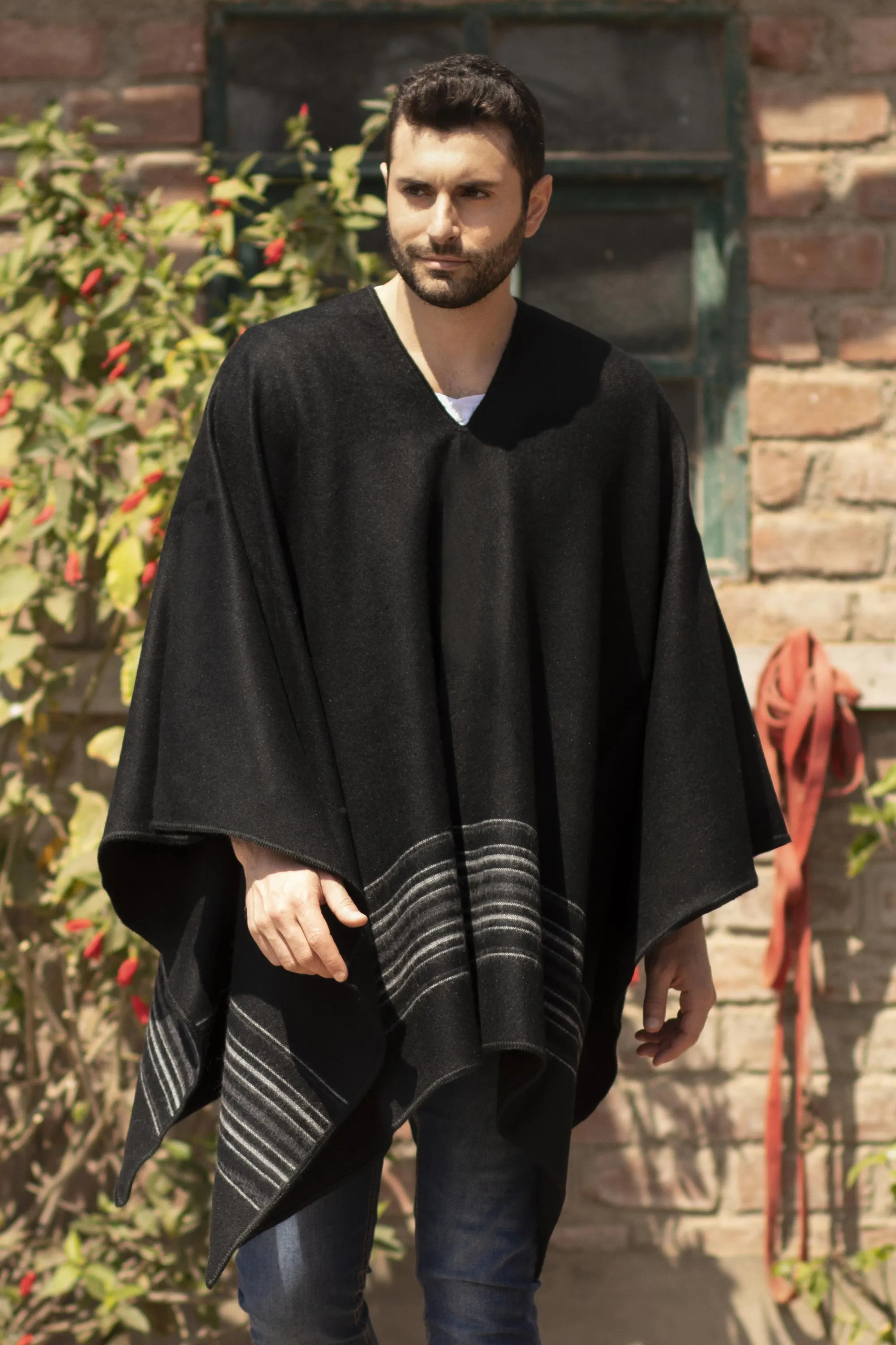 Artisan Crafted V-neck Alpaca Blend Poncho for Men - Black Nazca | NOVICA