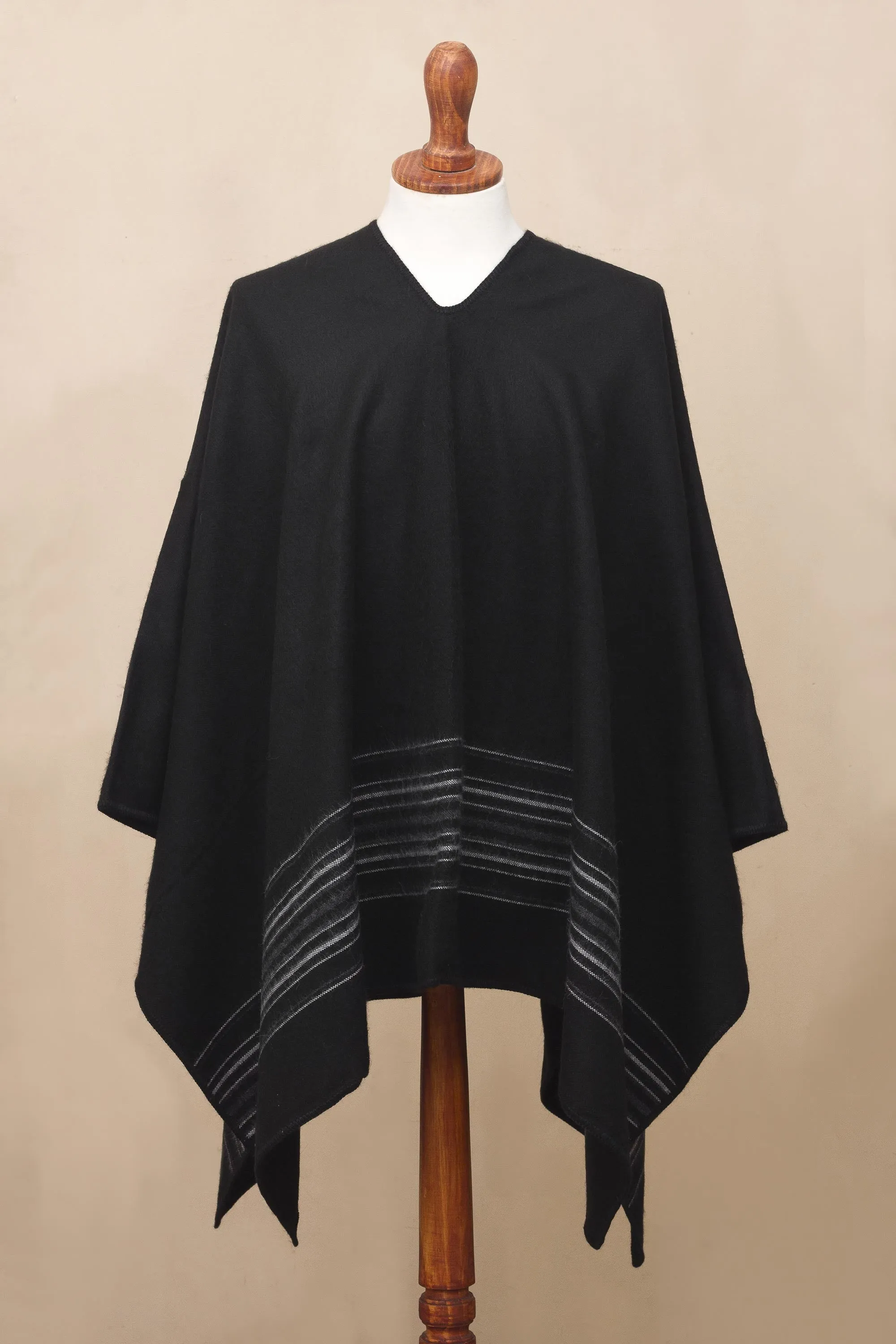 Artisan Crafted V-neck Alpaca Blend Poncho for Men - Black Nazca | NOVICA