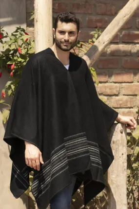 Artisan Crafted V-neck Alpaca Blend Poncho for Men - Black Nazca | NOVICA