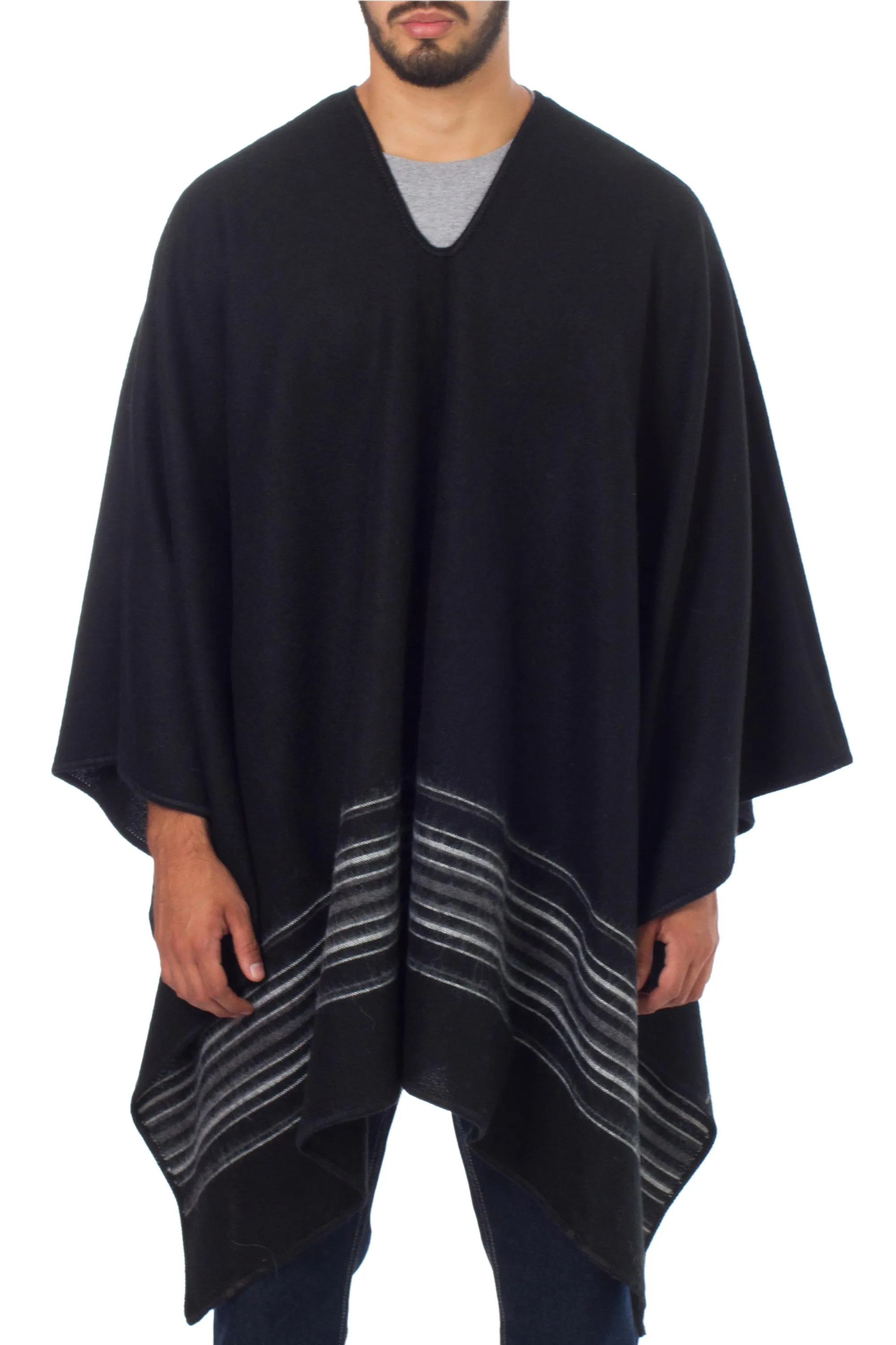 Artisan Crafted V-neck Alpaca Blend Poncho for Men - Black Nazca | NOVICA