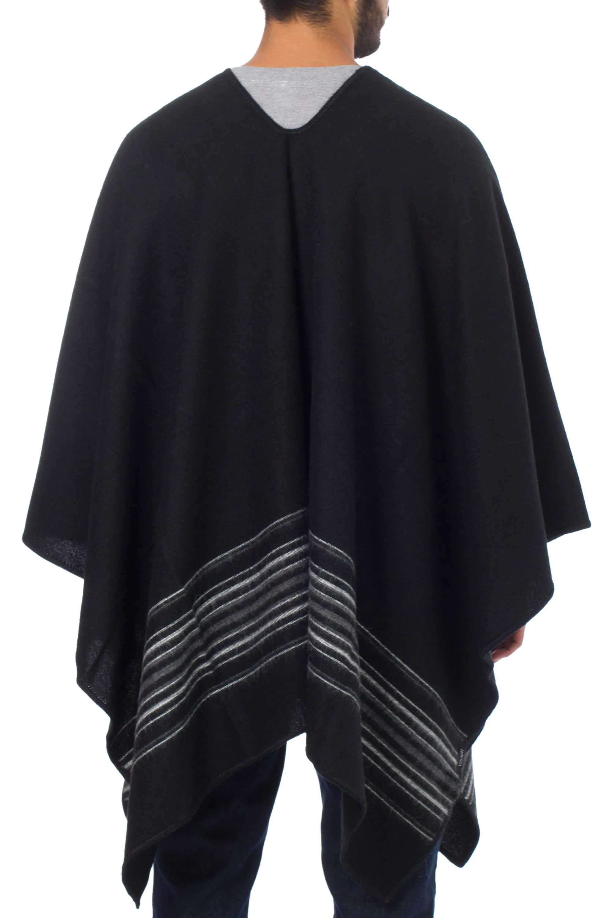 Artisan Crafted V-neck Alpaca Blend Poncho for Men - Black Nazca | NOVICA