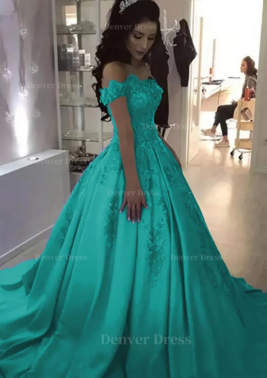 Ball Gown Off-the-Shoulder Sleeveless Sweep Train Satin Prom Dress With Appliqued Beading