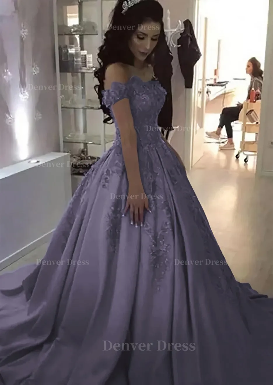 Ball Gown Off-the-Shoulder Sleeveless Sweep Train Satin Prom Dress With Appliqued Beading