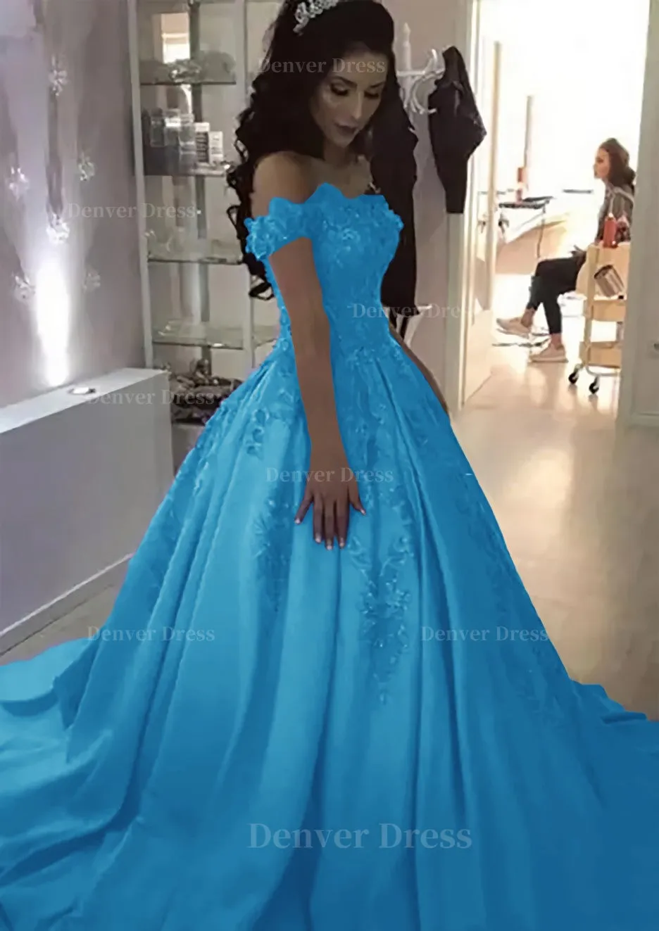 Ball Gown Off-the-Shoulder Sleeveless Sweep Train Satin Prom Dress With Appliqued Beading