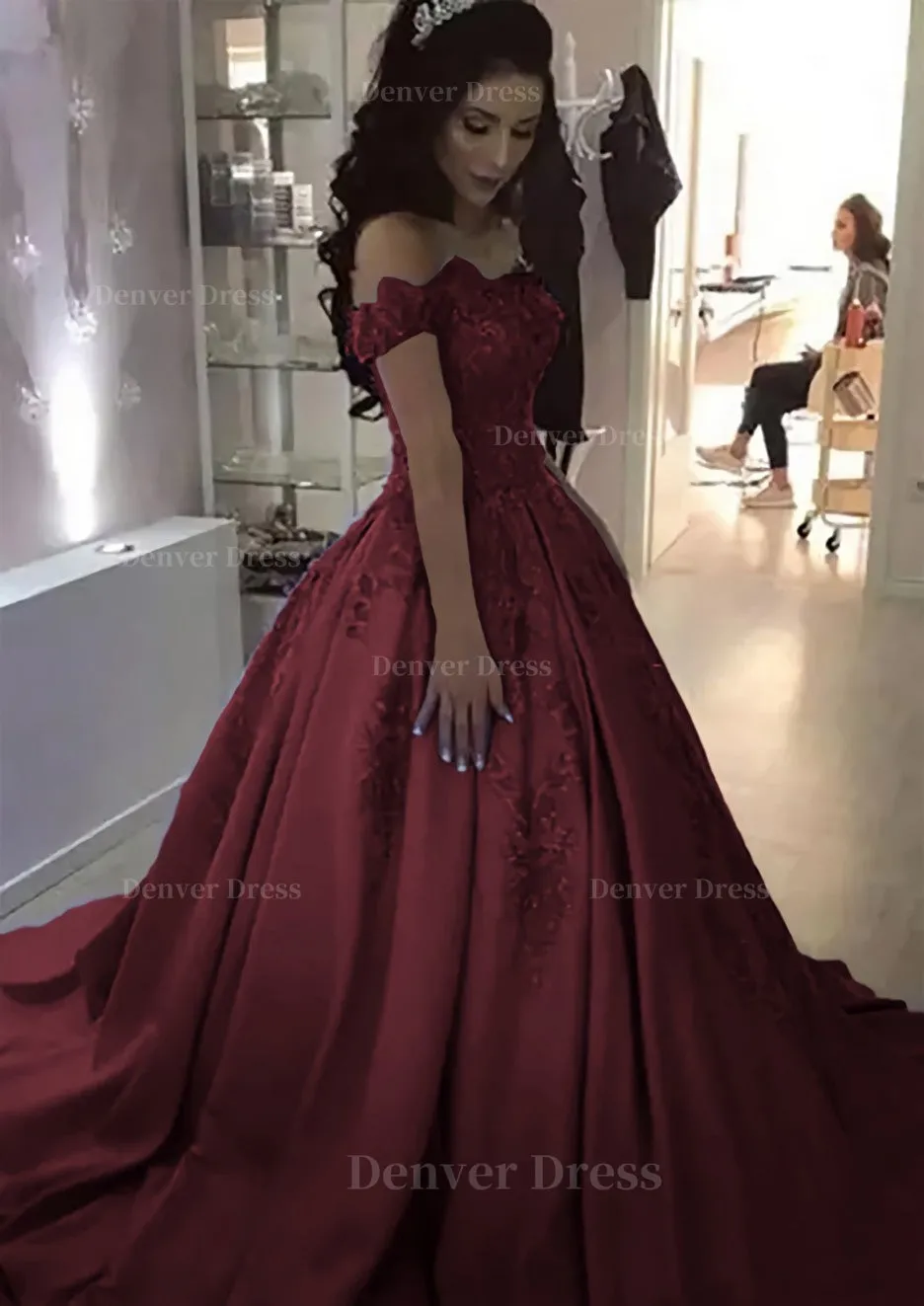 Ball Gown Off-the-Shoulder Sleeveless Sweep Train Satin Prom Dress With Appliqued Beading