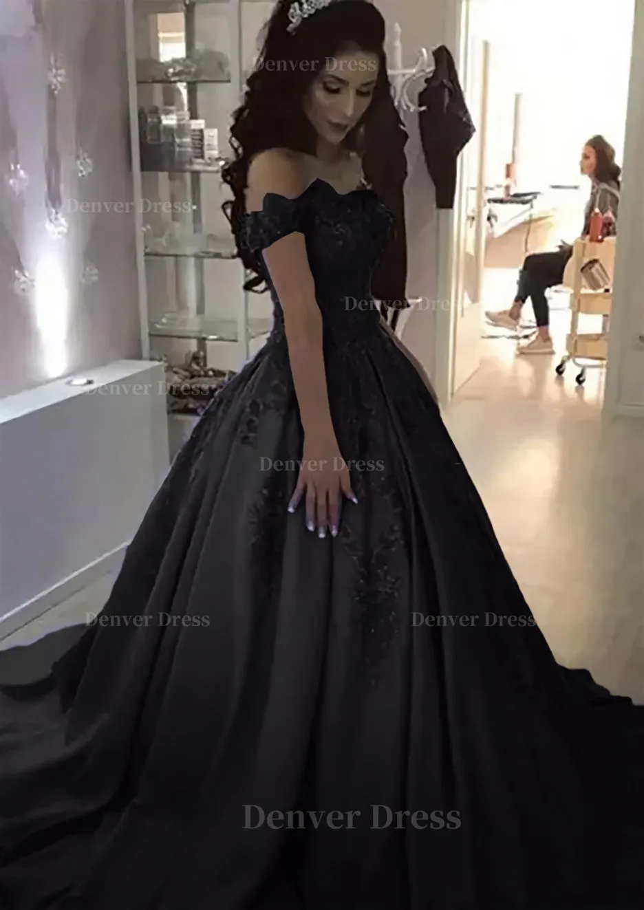 Ball Gown Off-the-Shoulder Sleeveless Sweep Train Satin Prom Dress With Appliqued Beading