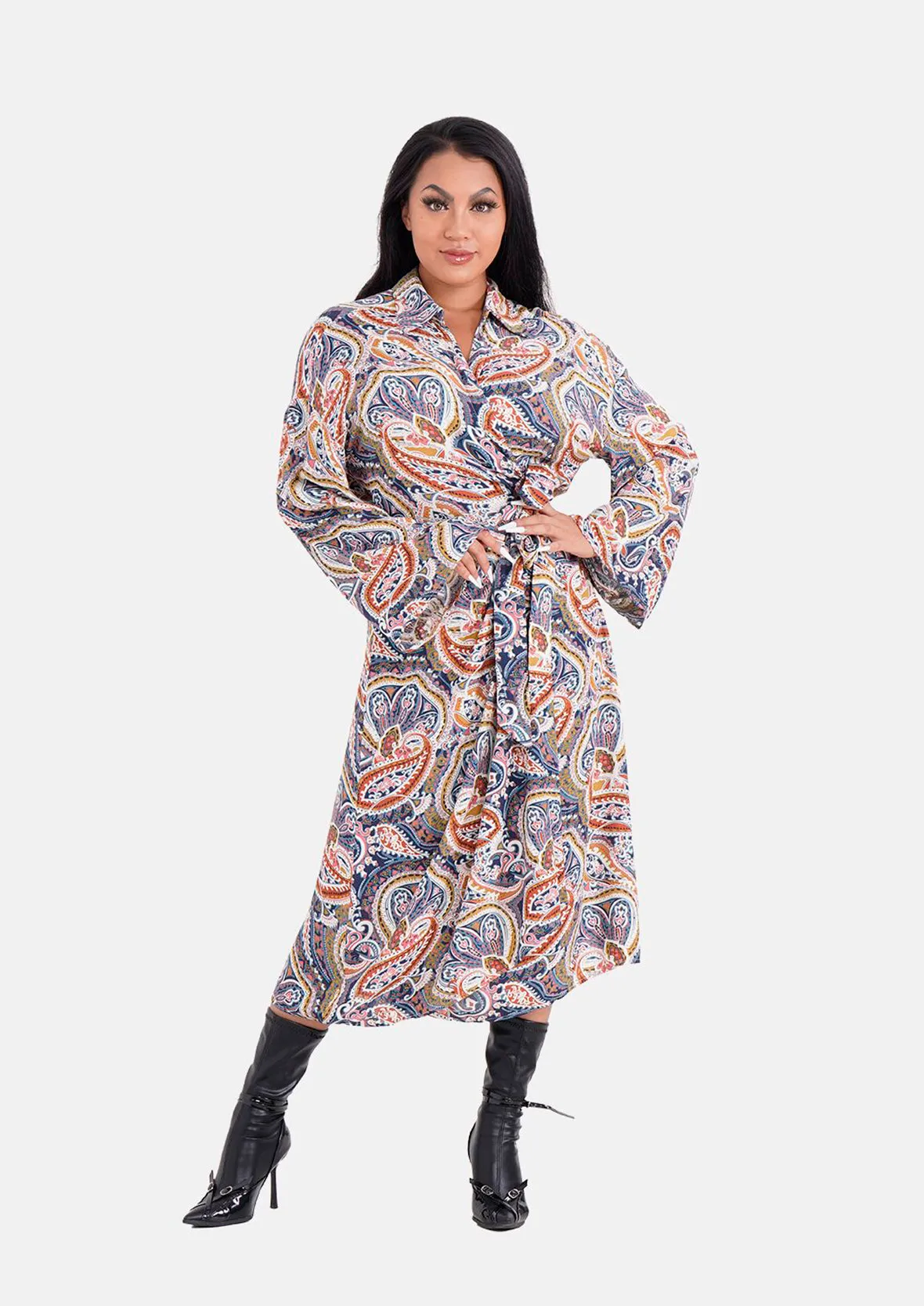 Bell Sleeves Midi Wrap Dress