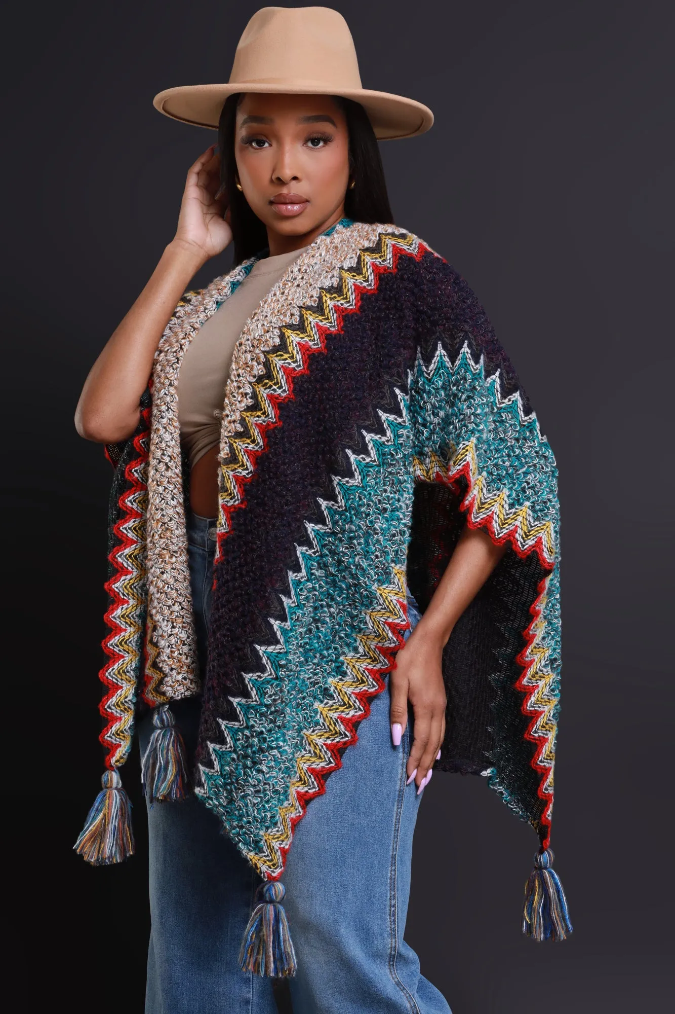 Best In Show Crochet Fringe Poncho - Blue Multicolor