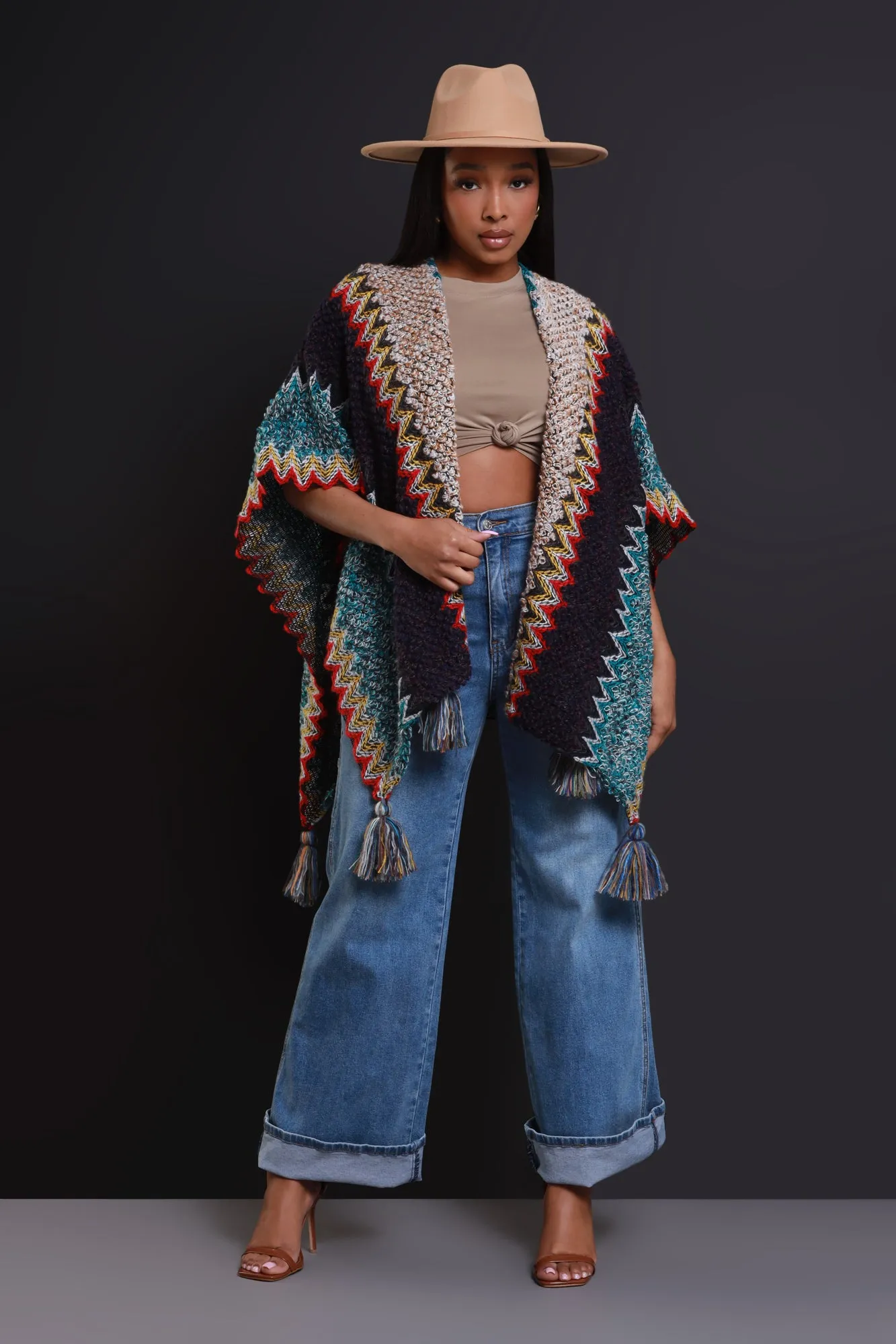 Best In Show Crochet Fringe Poncho - Blue Multicolor