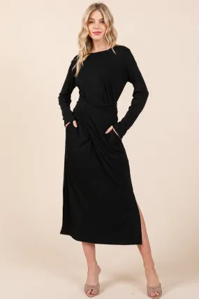 Black Waist Wrap Long Sleeve Dress w/Pockets