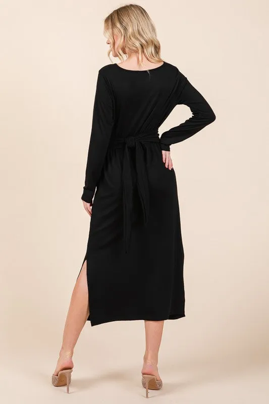 Black Waist Wrap Long Sleeve Dress w/Pockets