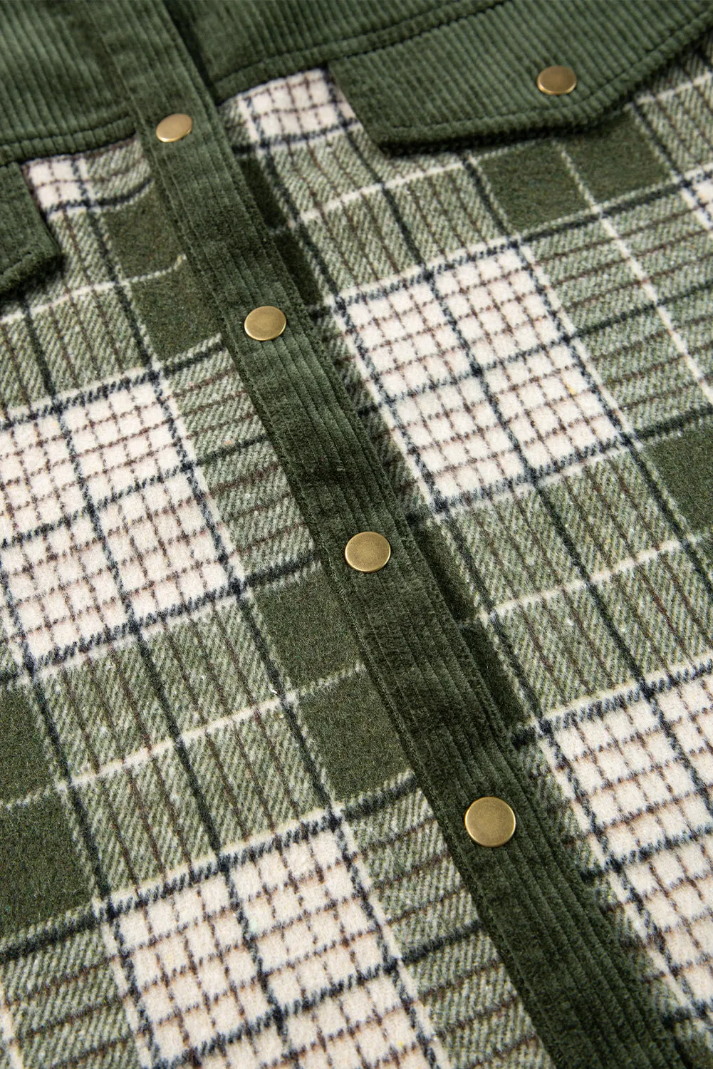 Blackish Green Snap Buttons Patchwork Plaid Shacket