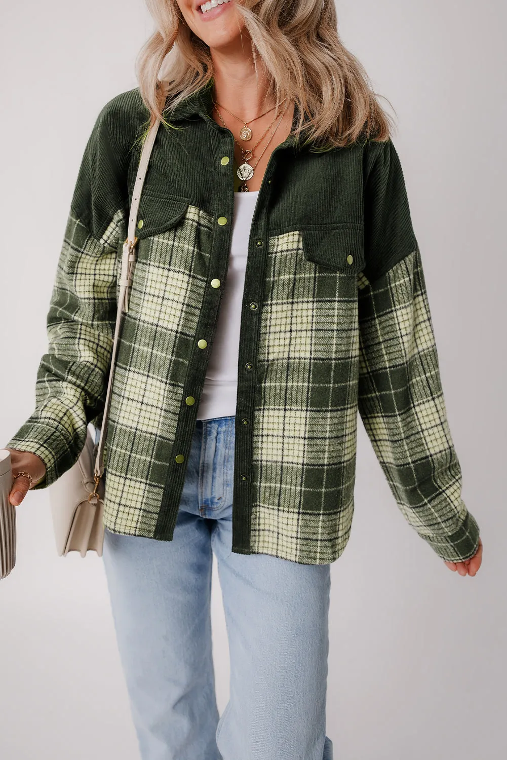 Blackish Green Snap Buttons Patchwork Plaid Shacket