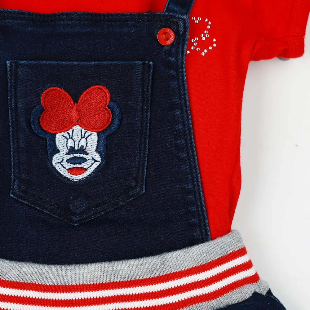 Blue Denim Mickey Mouse Embroidered Dungaree With Red Top