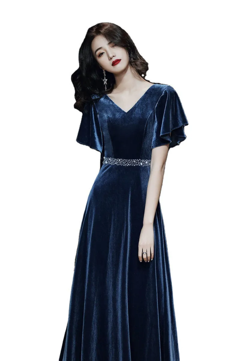 Blue Evening Dress for Women  New Temperament Banquet Velvet Elegant Annual Meeting Host Performance Dress Long