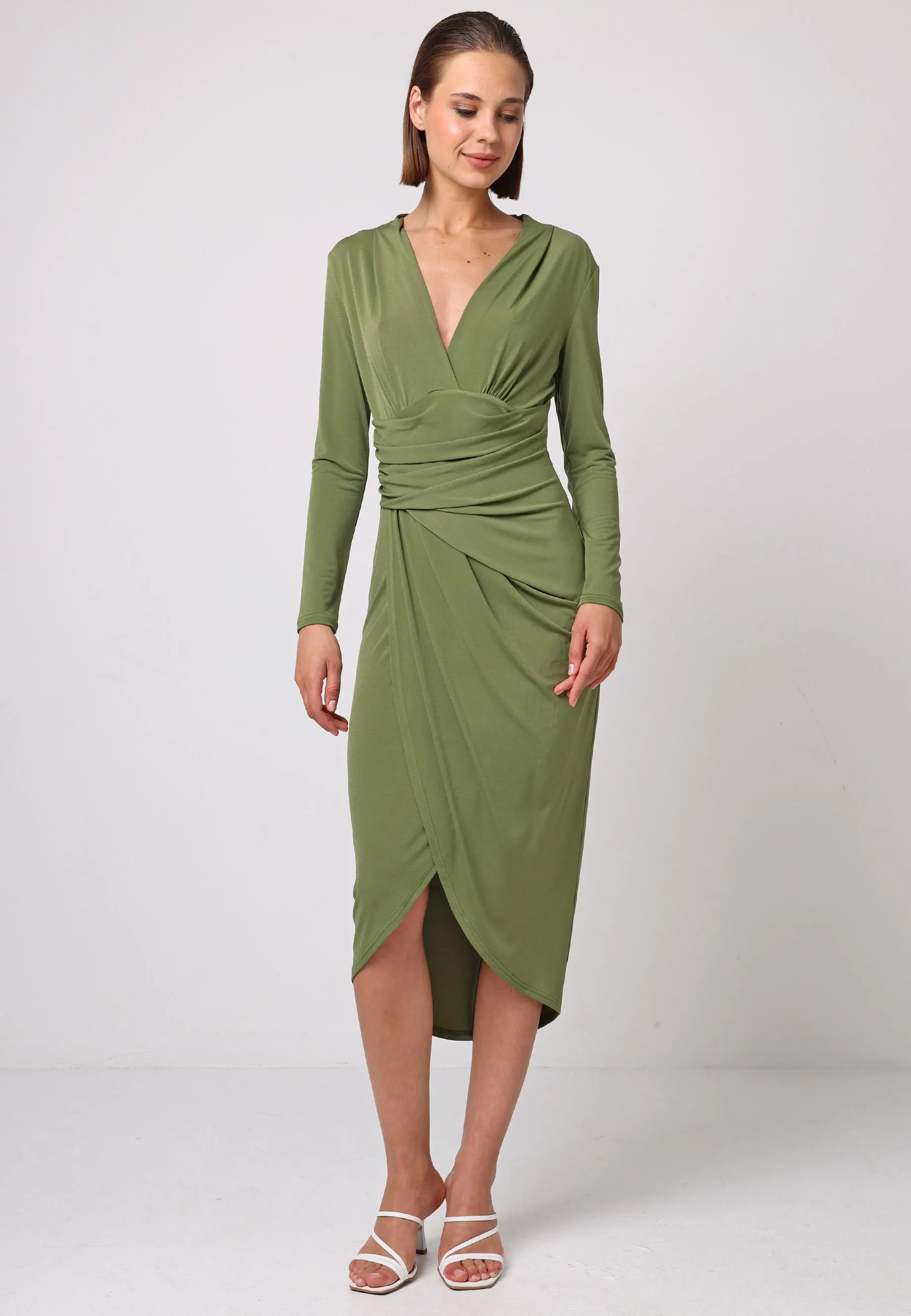 Bodycon Wrap Midi Dress With Long Sleeves In Khaki