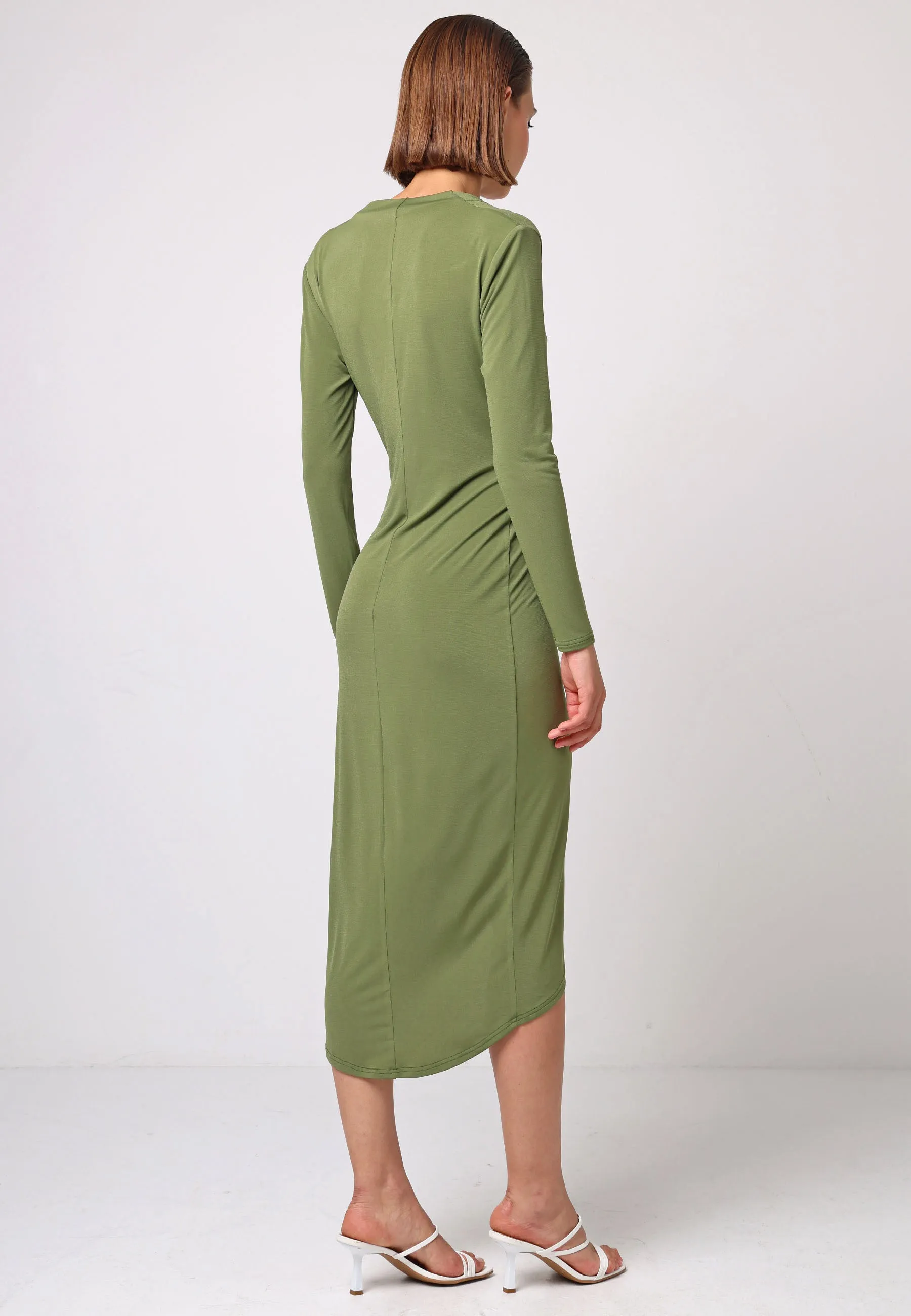 Bodycon Wrap Midi Dress With Long Sleeves In Khaki