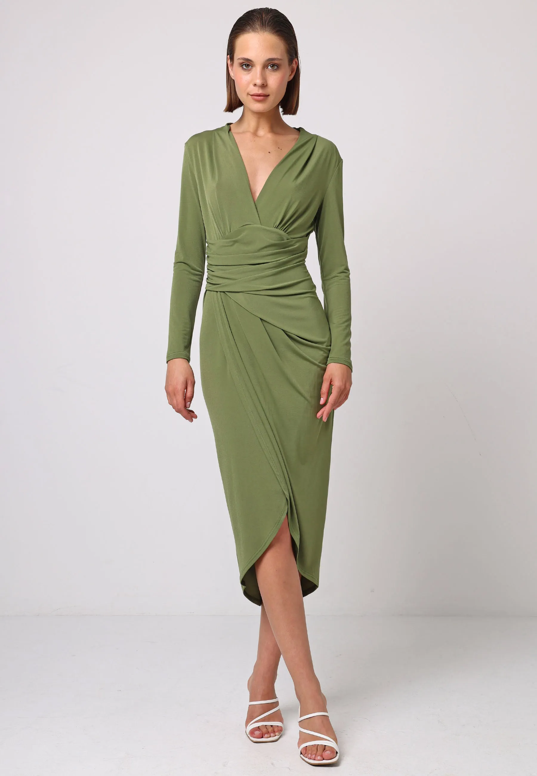 Bodycon Wrap Midi Dress With Long Sleeves In Khaki