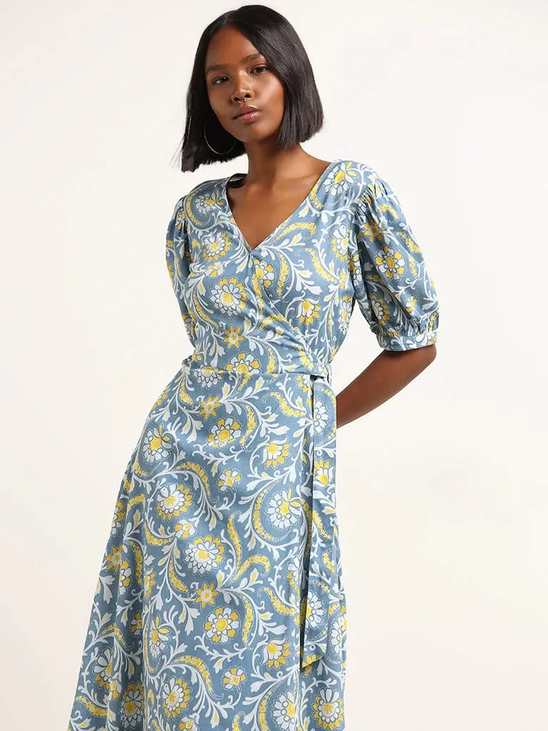 Bombay Paisley Blue Floral Printed Wrap Dress