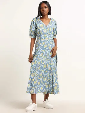 Bombay Paisley Blue Floral Printed Wrap Dress