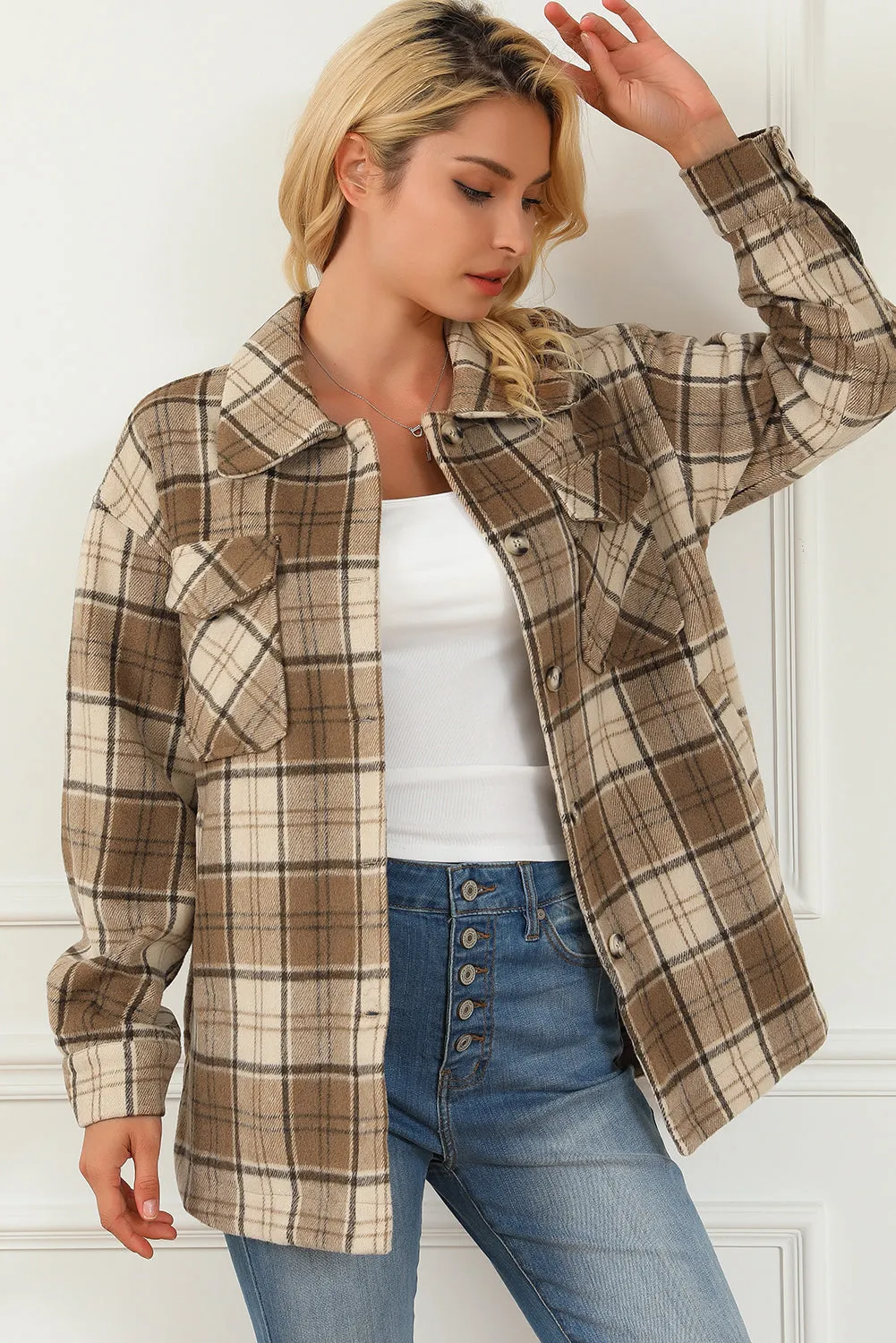 Brown Plaid Print Chest Pockets Shacket