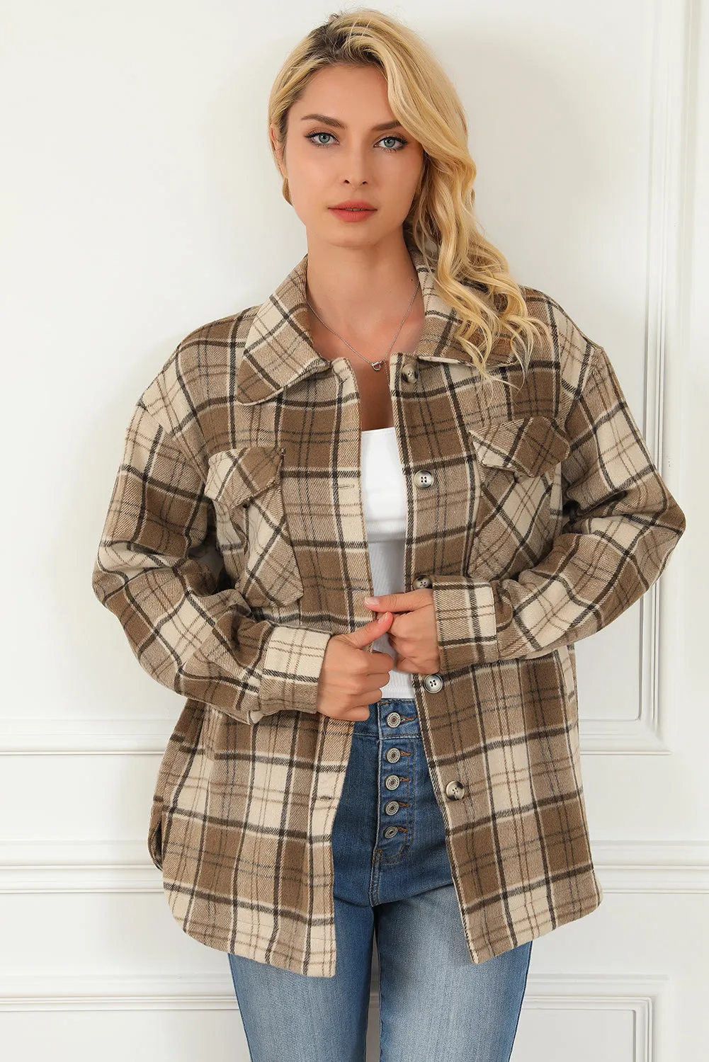 Brown Plaid Print Chest Pockets Shacket