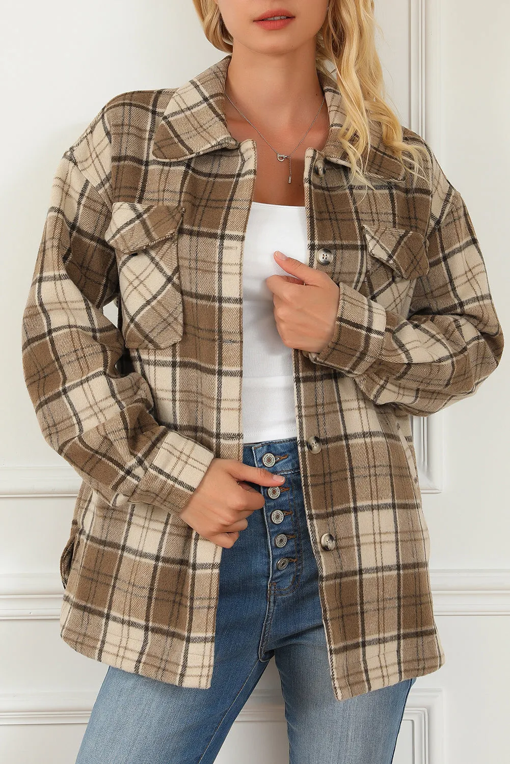 Brown Plaid Print Chest Pockets Shacket